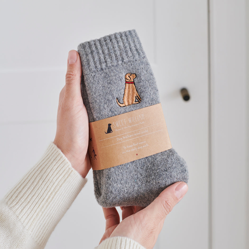 Fox Red Labrador embroidered socks held in hand — soft wool blend dog lover gift by Sweet William Designs