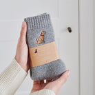 Golden Retriever embroidered socks held in hand — soft wool blend dog lover gift by Sweet William Designs