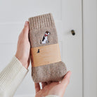 Jack Russell embroidered socks held in hand — soft wool blend dog lover gift by Sweet William Designs