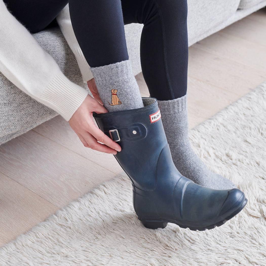 Fox Red Labrador dog walking socks worn with wellies — perfect gift for dog walkers and countryside lovers
