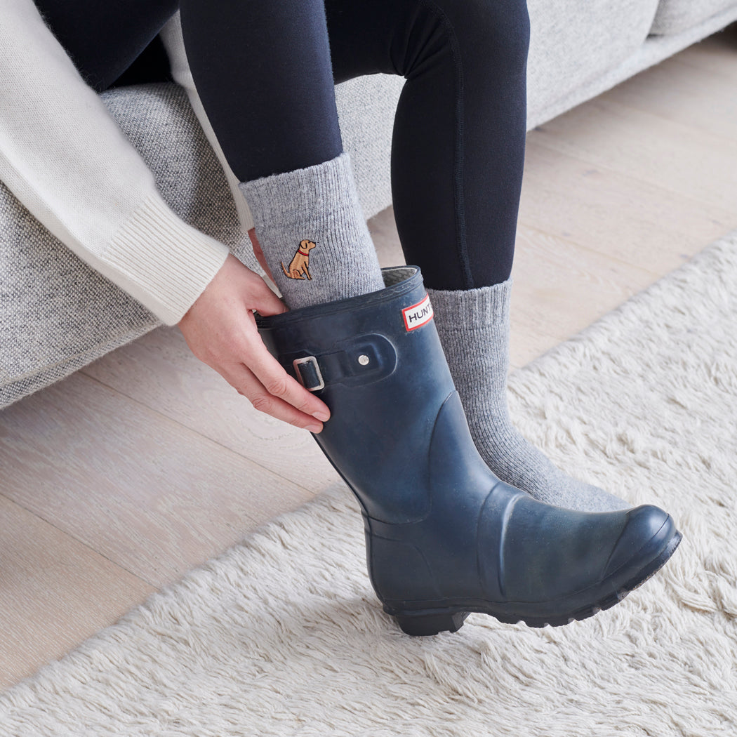 Golden Retriever dog walking socks worn with wellies — embroidered wool blend gift for Goldie owners