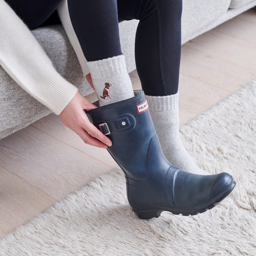 Liver & White Springer Spaniel dog walking socks worn with wellies — perfect gift for dog walkers and countryside lovers