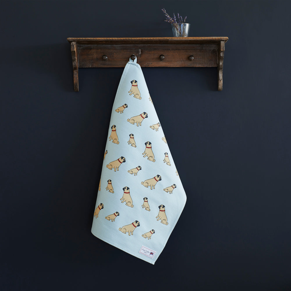 Pug tea towel in thick organic cotton — screen printed Pug illustration, kitchen gift for dog lovers by Sweet William Designs