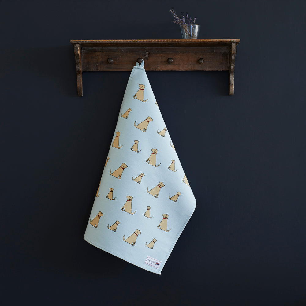 Yellow Labrador tea towel in thick organic cotton — screen printed Yellow Labrador illustration, kitchen gift for dog lovers by Sweet William Designs