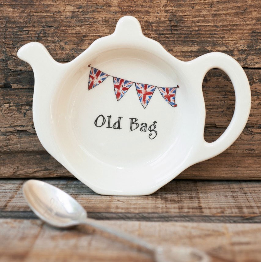 Ceramic teabag dish with Union Jack bunting and “Old Bag” lettering, a cheeky gift for a tea lover
