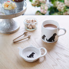 Black Cockapoo / Labradoodle teabag dish styled on table setting with matching mug — dog lover gift by Sweet William Designs