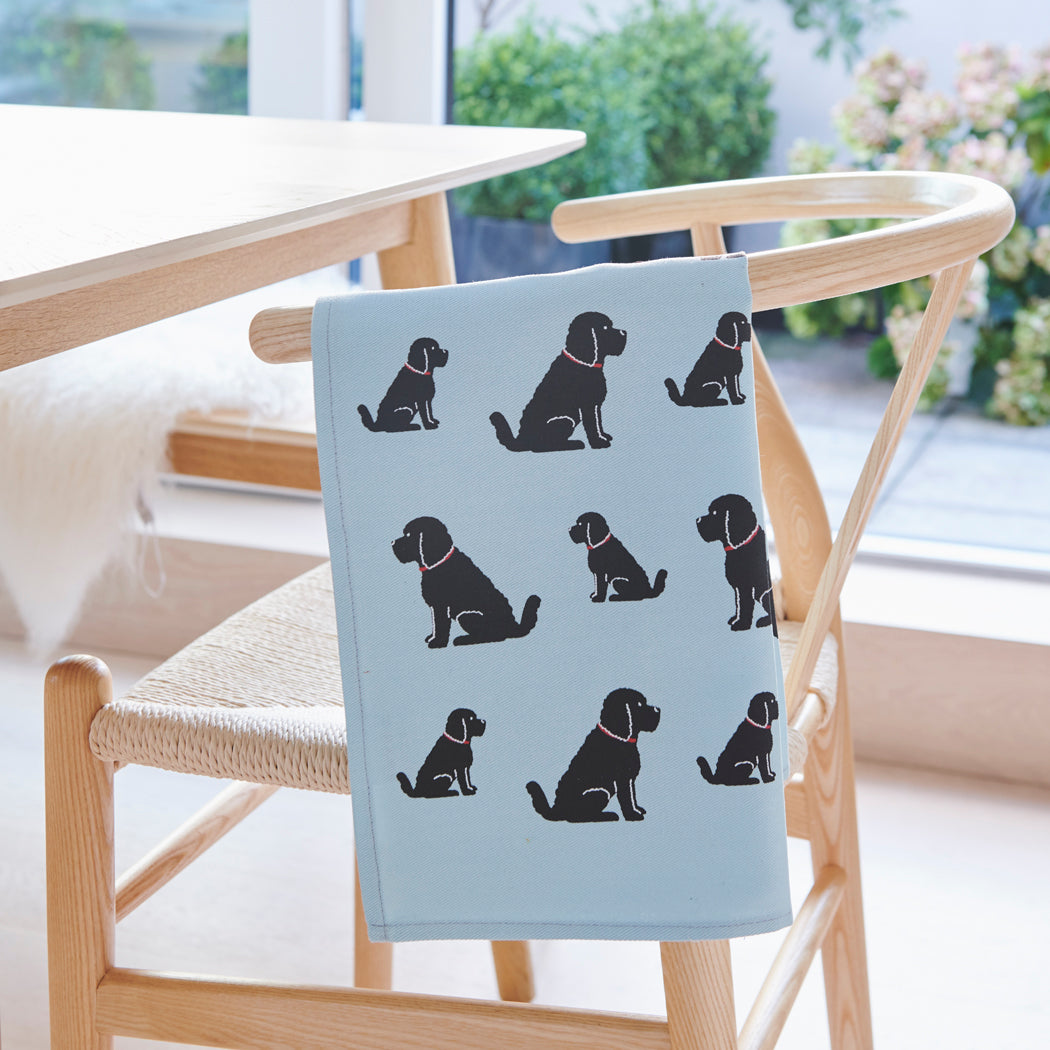 Black Cockapoo / Labradoodle tea towel in thick organic cotton — screen printed Black Cockapoo / Labradoodle illustration, kitchen gift for dog lovers by Sweet William Designs
