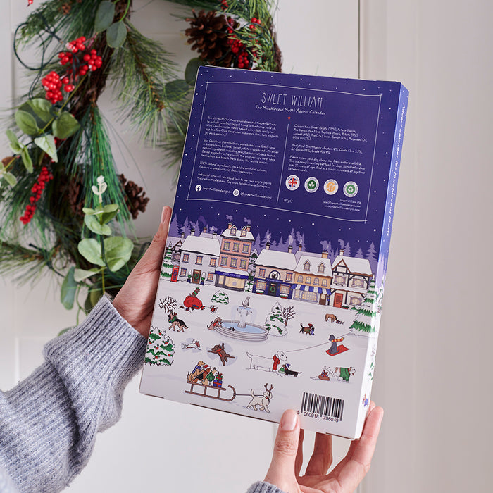 Back of the Christmas Dog Treat Advent Calendar held in a hand, showing product information for natural grain-free dog treats baked in Lincolnshire, England