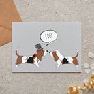 Basset Hound wedding card featuring a charming bride and groom with an ‘I DO!’ message, perfect for celebrating a dog-loving couple’s special day
