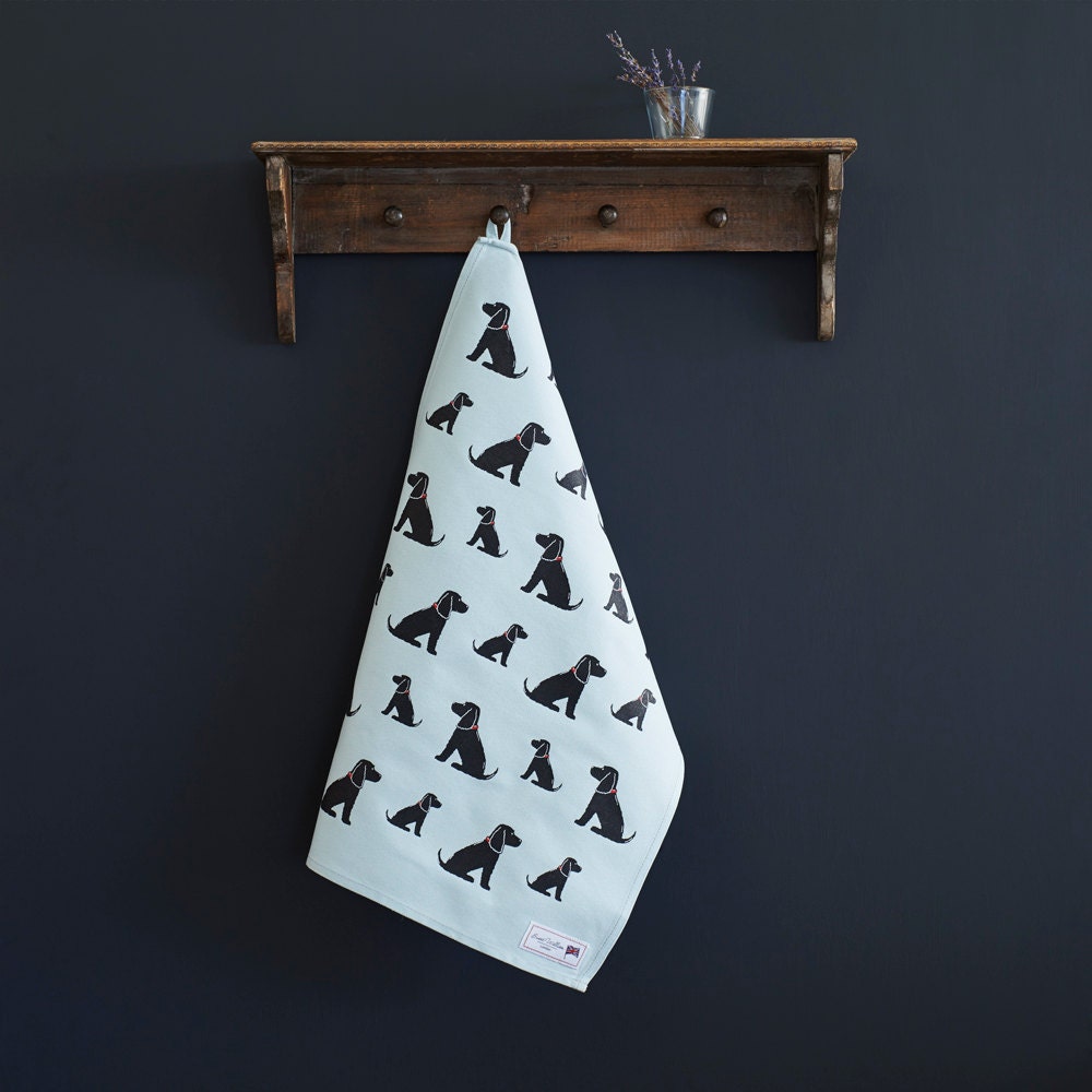 Black Cocker Spaniel tea towel in thick organic cotton — screen printed Black Cocker Spaniel illustration, kitchen gift for dog lovers by Sweet William Designs