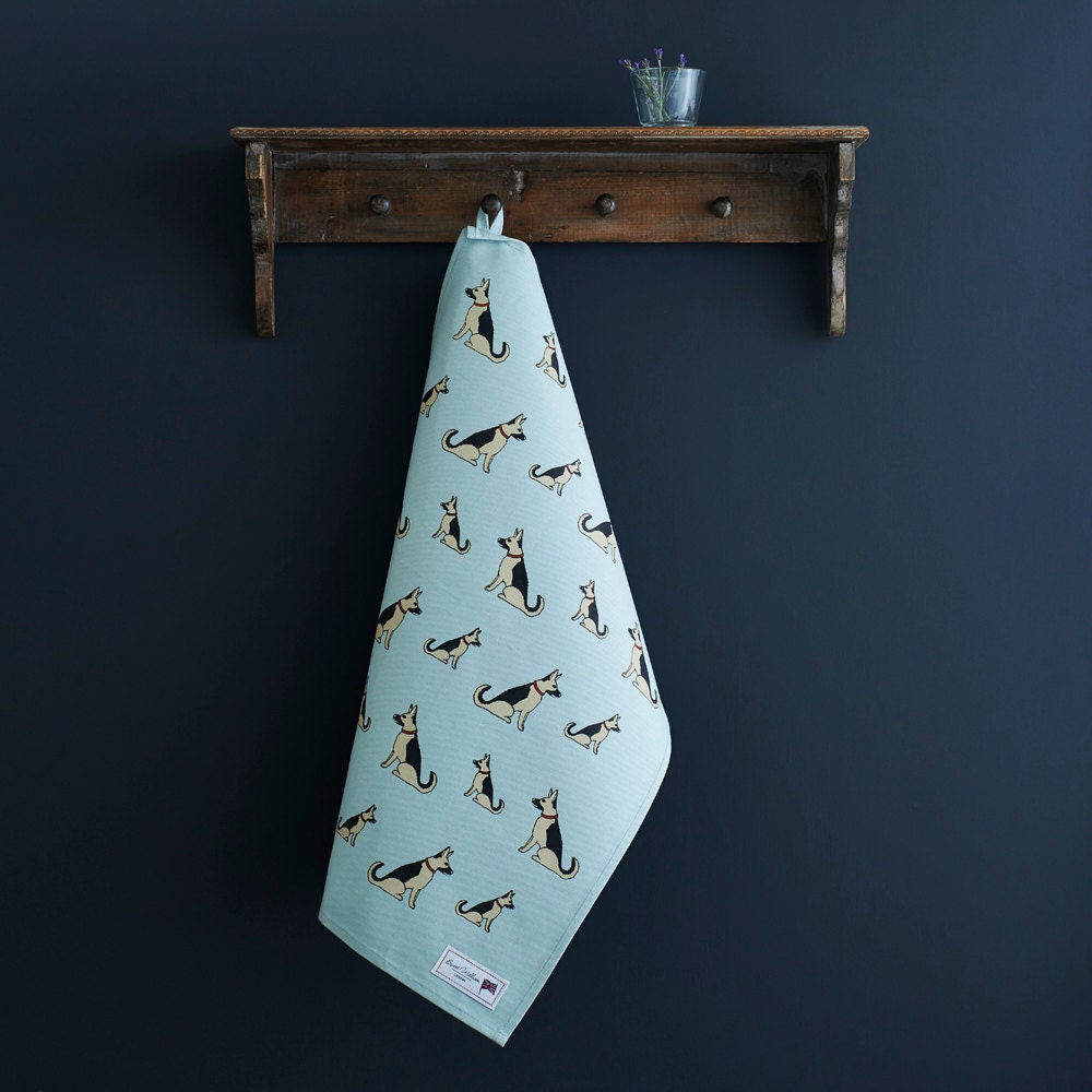 German Shepherd tea towel in thick organic cotton — screen printed German Shepherd illustration, kitchen gift for dog lovers by Sweet William Designs
