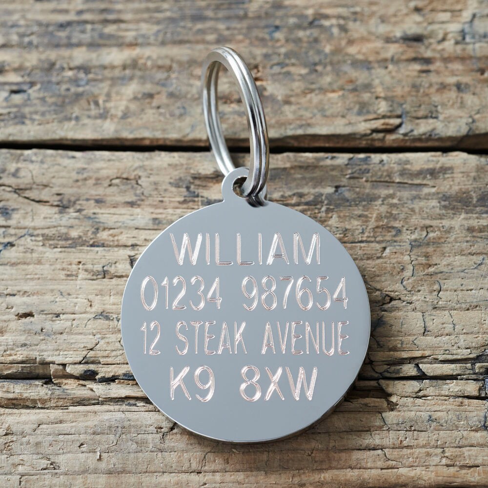 Personalised silver-plated brass dog ID tag by Sweet William Designs, reverse engraved with dog’s name, phone number and address