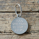 Reverse side of personalised dog ID tag — engraved with dog’s name, address and postcode, made from solid silver-plated brass by Sweet William Designs