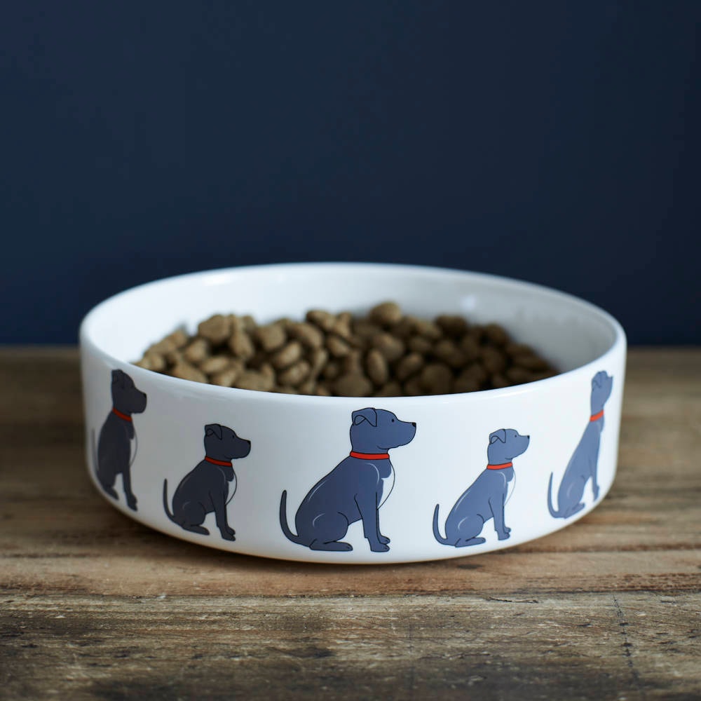 Staffie dog bowl with signature illustration — ceramic dog lover gift by Sweet William Designs