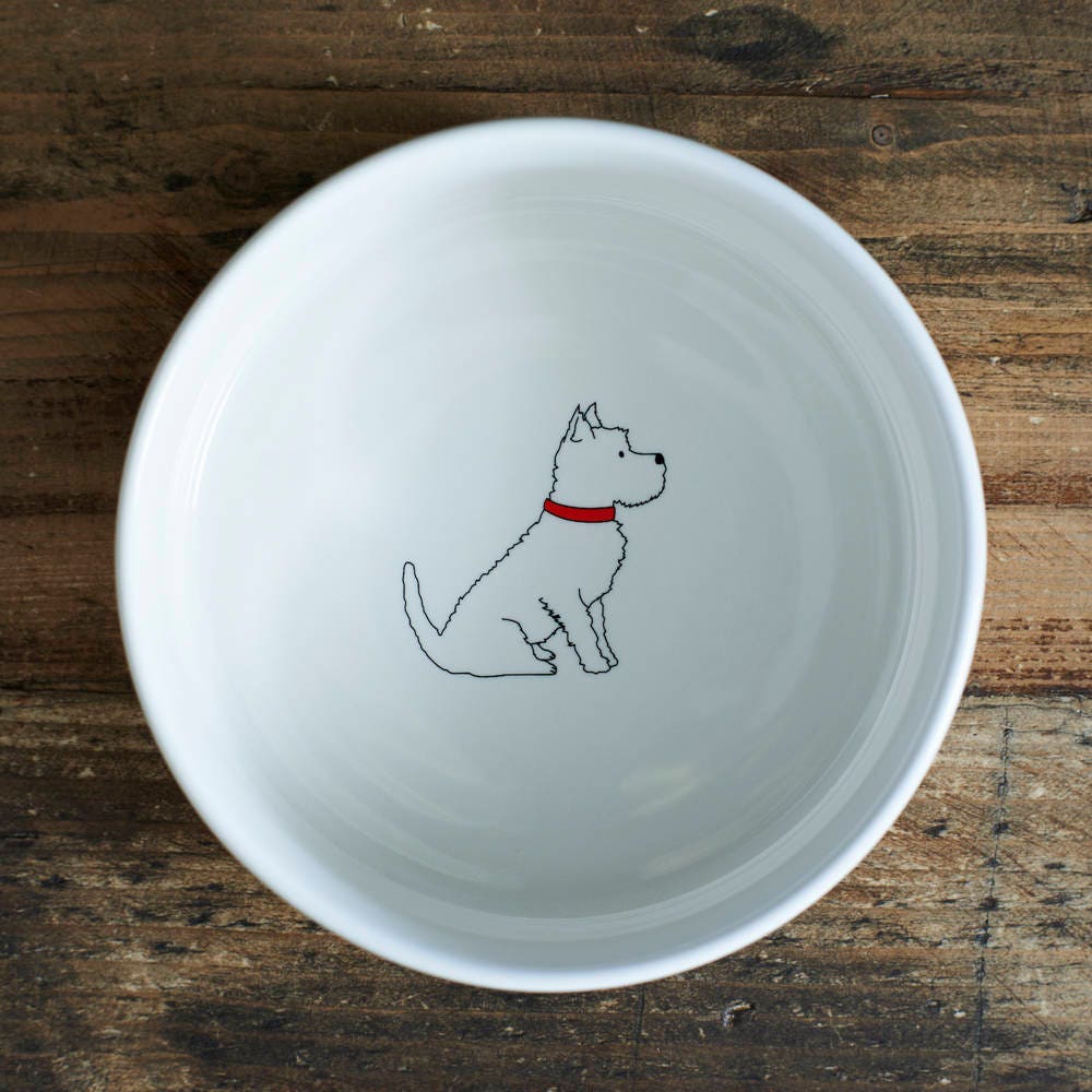 Inside view of Westie dog bowl — ceramic bowl with Westie illustration on the inside, dishwasher and microwave safe
