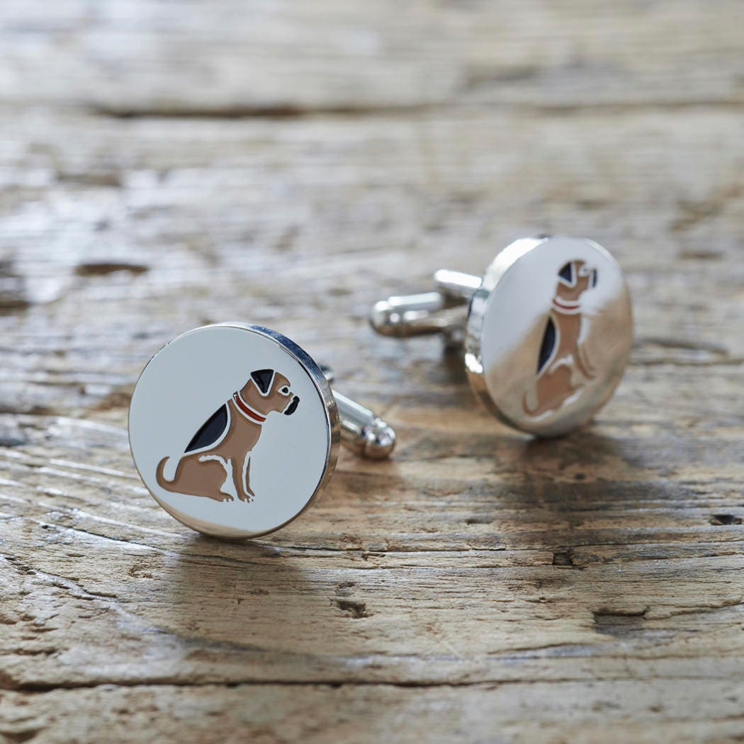 Border Terrier cufflinks on rustic wood — silver-plated with illustrated Border Terrier design, dog lover gift by Sweet William Designs