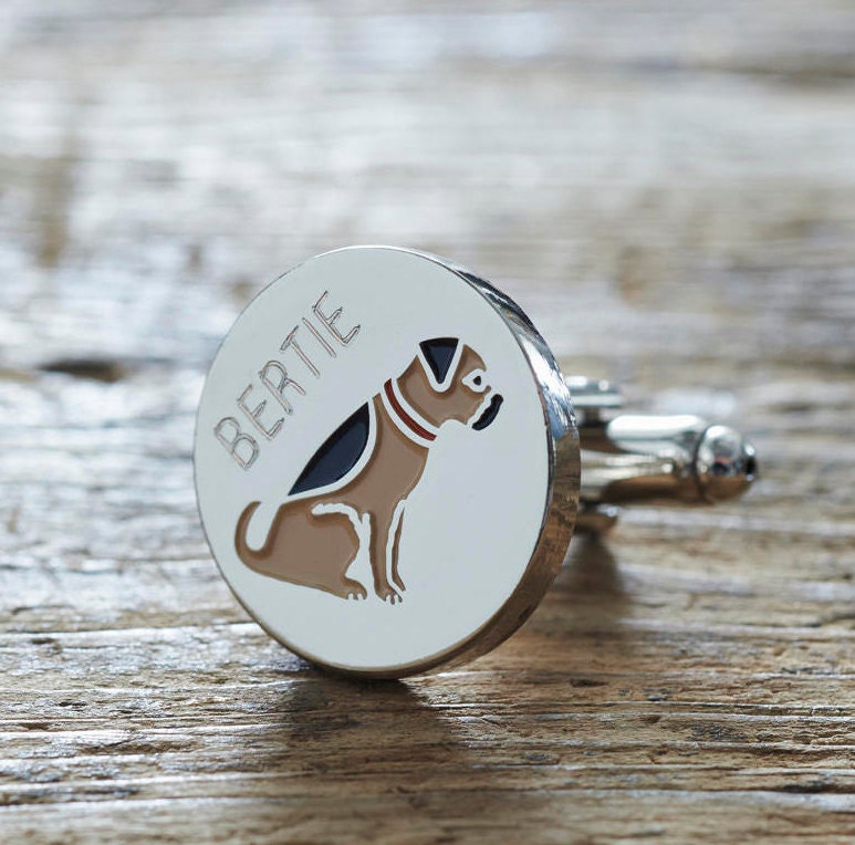 Close-up of personalised Border Terrier cufflink engraved with name — silver-plated brass, thoughtful gift for Border Terrier owners