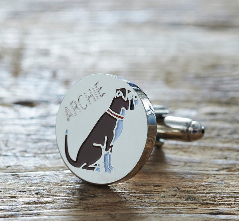 Close-up of personalised Boxer cufflink engraved with name — silver-plated brass, thoughtful gift for Boxer owners