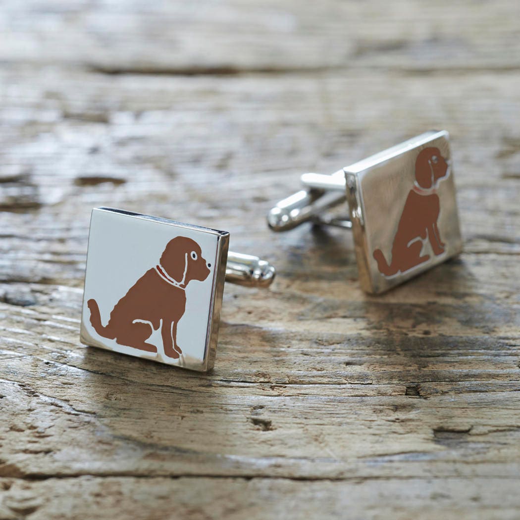 Chocolate Cockapoo / Labradoodle cufflinks on rustic wood — silver-plated with illustrated Chocolate Cockapoo design, dog lover gift by Sweet William Designs