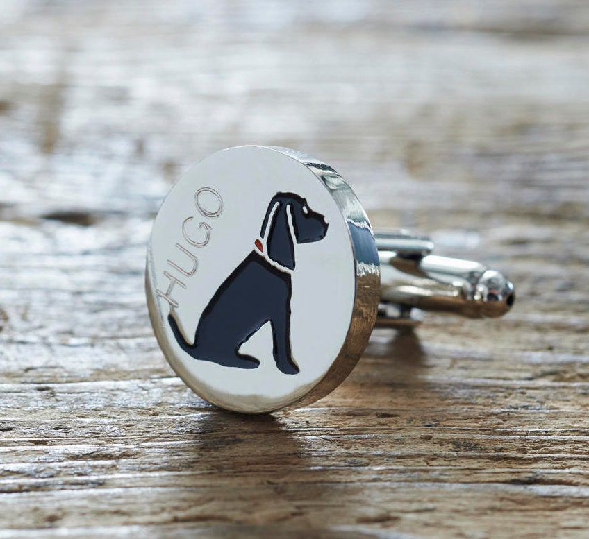 Close-up of personalised Black Cocker Spaniel cufflink engraved with name — silver-plated brass, thoughtful gift for Cocker Spaniel owners