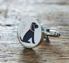 Close-up of personalised Black Cocker Spaniel cufflink engraved with name — silver-plated brass, thoughtful gift for Cocker Spaniel owners