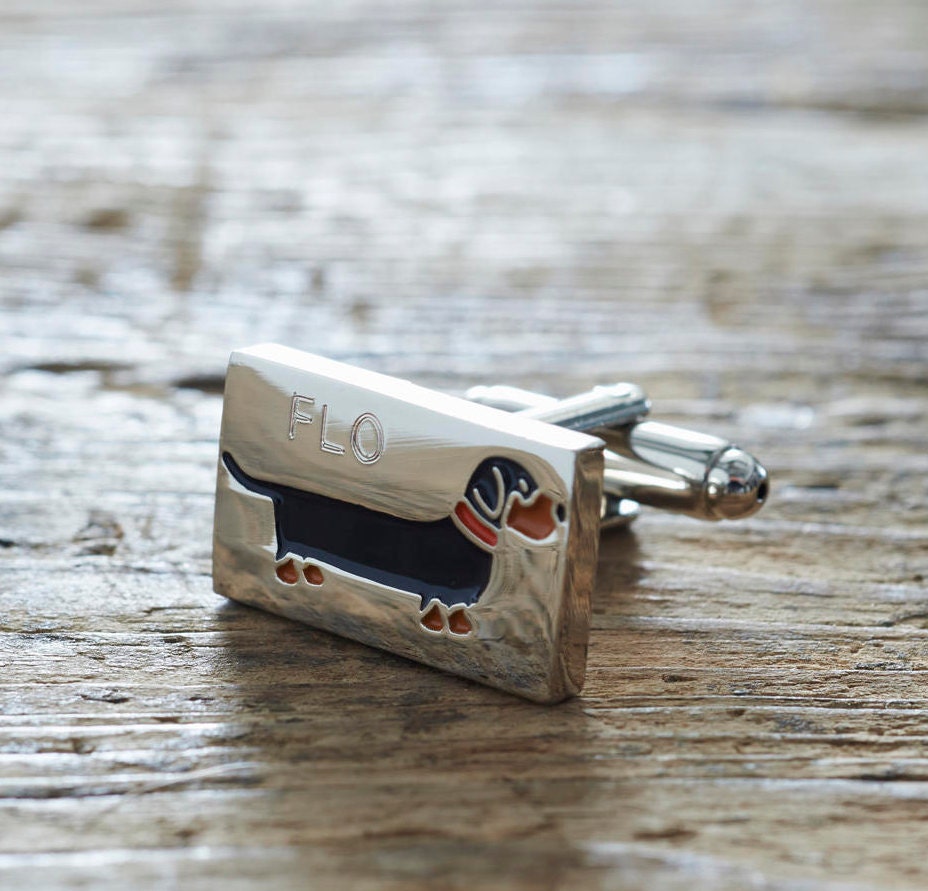 Close-up of personalised Dachshund cufflink engraved with name — silver-plated rectangular cufflinks, thoughtful gift for Dachshund owners