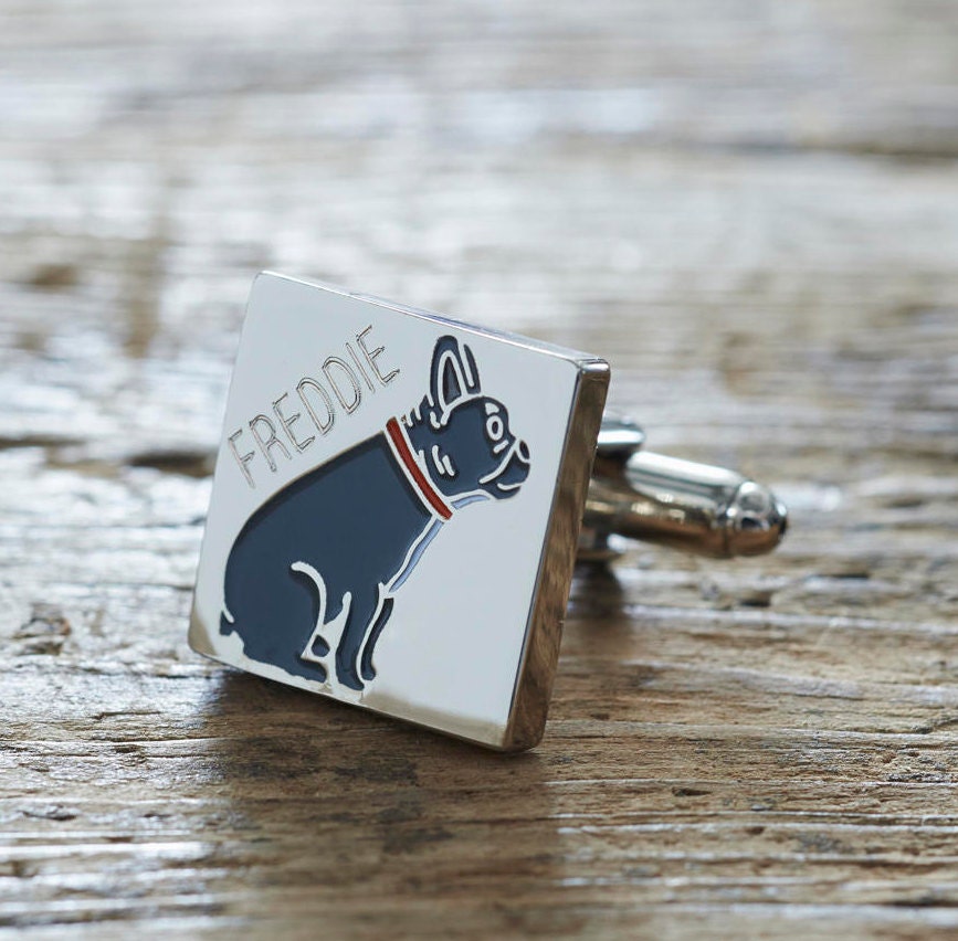 Close-up of personalised French Bulldog cufflink engraved with name — silver-plated brass, thoughtful gift for French Bulldog owners