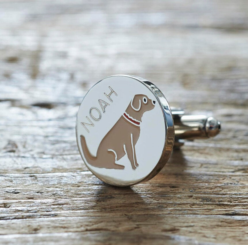 Close-up of personalised Golden Retriever cufflink engraved with name — silver-plated brass, thoughtful gift for Golden Retriever owners
