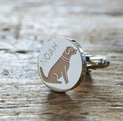 Close-up of personalised Golden Retriever cufflink engraved with name — silver-plated brass, thoughtful gift for Golden Retriever owners