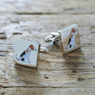 Jack Russell cufflinks on rustic wood — silver-plated with illustrated Jack Russell design, dog lover gift by Sweet William Designs