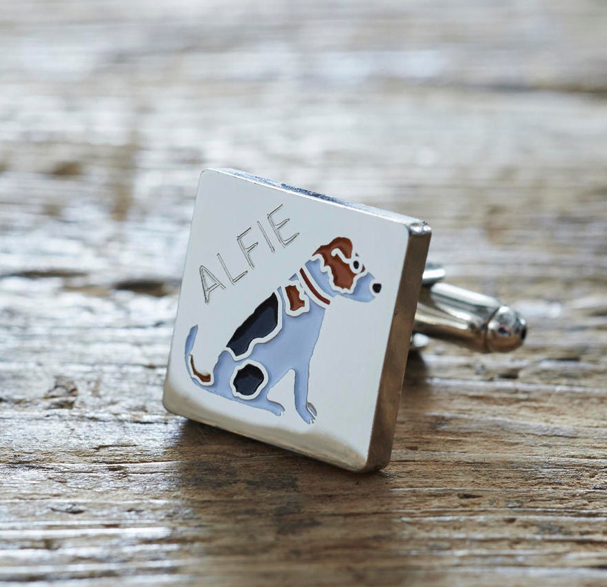 Close-up of personalised Jack Russell cufflink engraved with name — silver-plated brass, thoughtful gift for Jack Russell owners