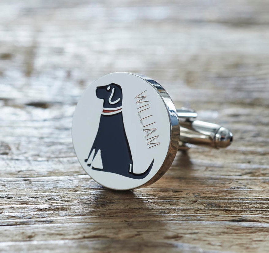 Close-up of personalised Black Labrador cufflink engraved with name — silver-plated brass, thoughtful gift for Black Lab owners