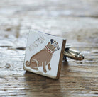 Close-up of personalised Pug cufflink engraved with name — silver-plated brass, thoughtful gift for Pug owners