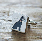 Close-up of personalised Grey Schnauzer cufflink engraved with name — silver-plated brass, thoughtful gift for Schnauzer owners
