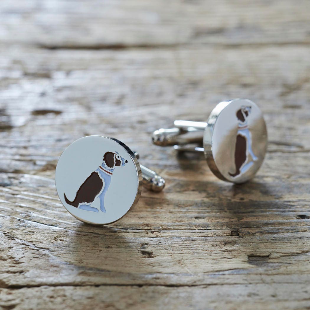 Liver & White Springer Spaniel cufflinks on rustic wood — silver-plated with illustrated Springer Spaniel design, dog lover gift by Sweet William Designs