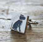 Close-up of personalised Staffie cufflink engraved with name — silver-plated brass, thoughtful gift for Staffie owners