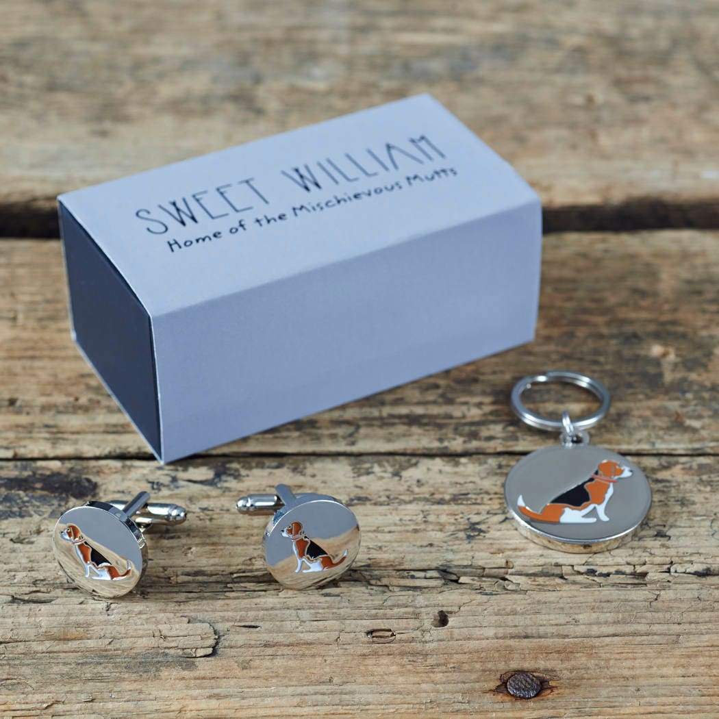 Beagle cufflinks and dog tag set with Sweet William Designs gift box — silver-plated Daddy & Me gift for Beagle owners