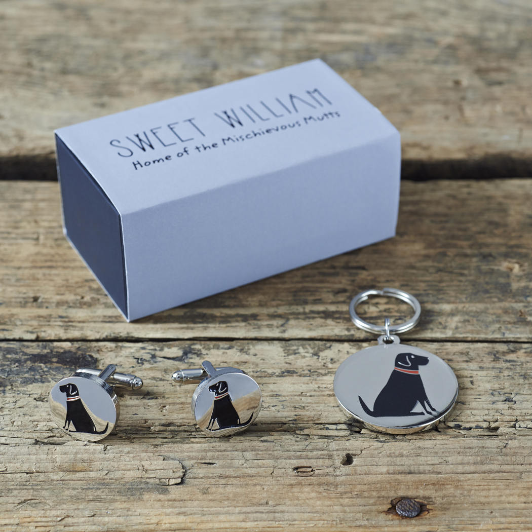 Black Labrador cufflinks and dog tag set with Sweet William Designs gift box — silver-plated Daddy & Me gift for Black Lab owners