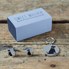 Black Labrador cufflinks and dog tag set with Sweet William Designs gift box — silver-plated Daddy & Me gift for Black Lab owners