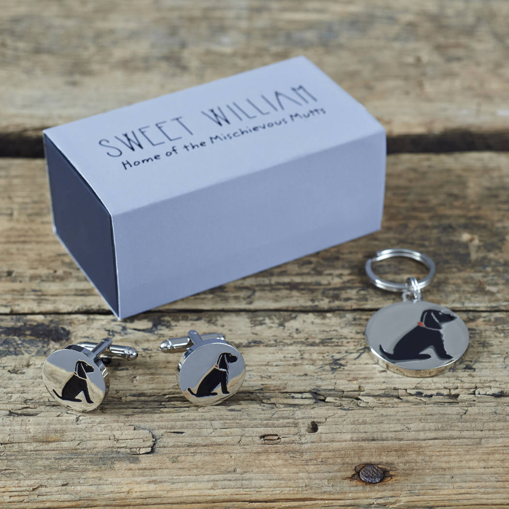Black Cocker Spaniel cufflinks and dog tag set with Sweet William Designs gift box — silver-plated Daddy & Me gift for Cocker Spaniel owners