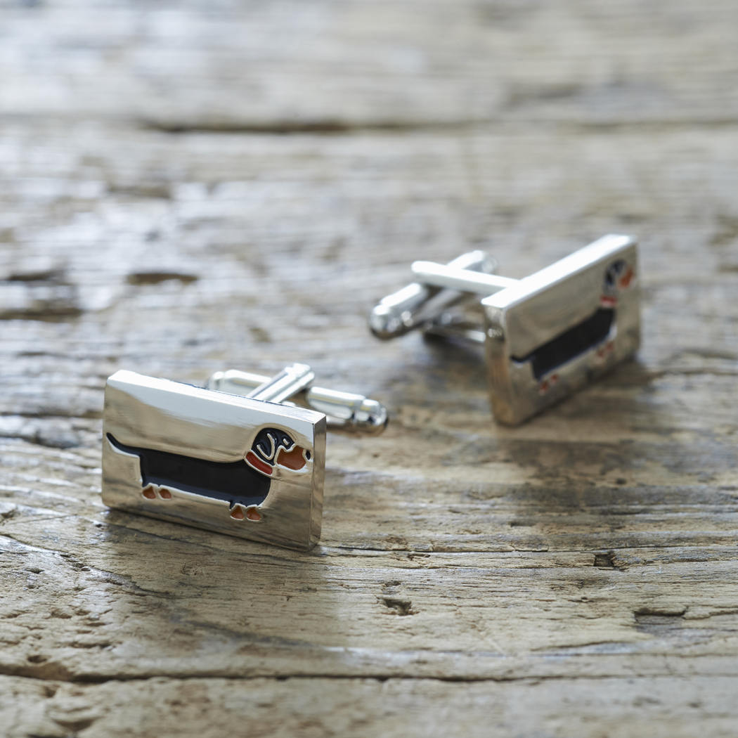 Pair of Dachshund cufflinks on rustic wood — silver-plated with illustrated Dachshund and red collar, T-bar fastening, dog lover gift