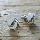 Pair of German Shepherd cufflinks on rustic wood — silver-plated with illustrated Alsatian design, T-bar fastening, dog lover gift
