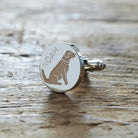 Close-up of personalised Golden Retriever cufflink engraved with name on rustic wood — silver-plated gift for Golden Retriever owners