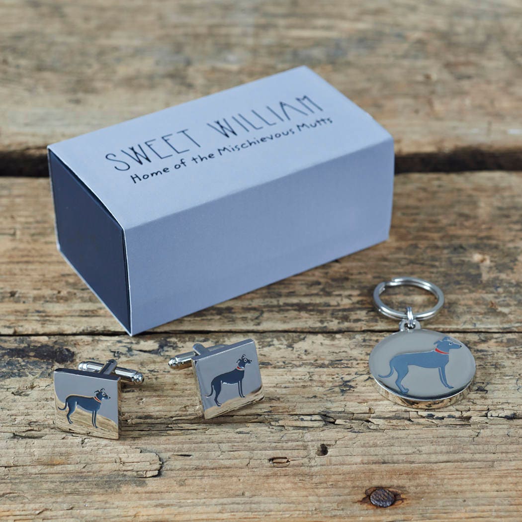 Lurcher cufflinks and dog tag set with Sweet William Designs gift box — silver-plated Daddy & Me gift for Lurcher owners