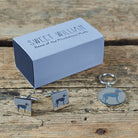 Lurcher cufflinks and dog tag set with Sweet William Designs gift box — silver-plated Daddy & Me gift for Lurcher owners