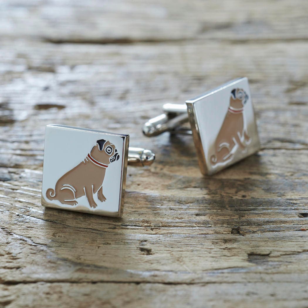 Pair of Pug cufflinks on rustic wood — silver-plated with illustrated Pug design, T-bar fastening, dog lover gift