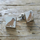 Pair of Pug cufflinks on rustic wood — silver-plated with illustrated Pug design, T-bar fastening, dog lover gift
