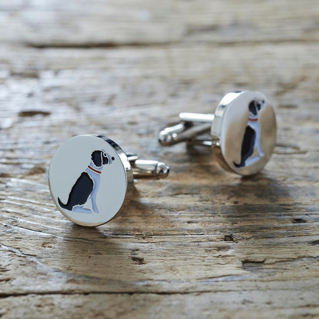 Pair of Black & White Springer Spaniel cufflinks on rustic wood — silver-plated with illustrated Springer Spaniel design, T-bar fastening, dog lover gift