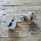 Pair of Black & White Springer Spaniel cufflinks on rustic wood — silver-plated with illustrated Springer Spaniel design, T-bar fastening, dog lover gift