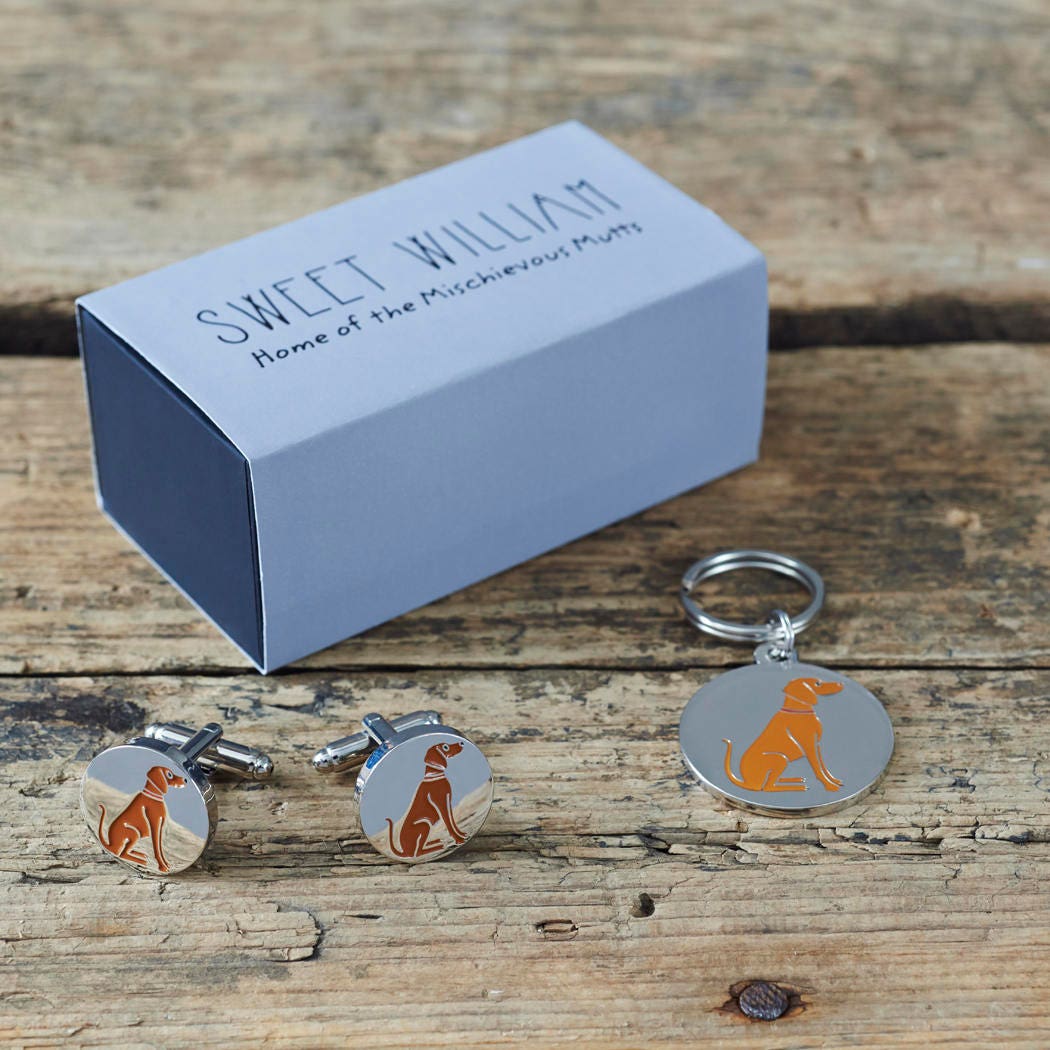 Vizsla cufflinks and dog tag set with Sweet William Designs gift box — silver-plated Daddy & Me gift for Vizsla owners